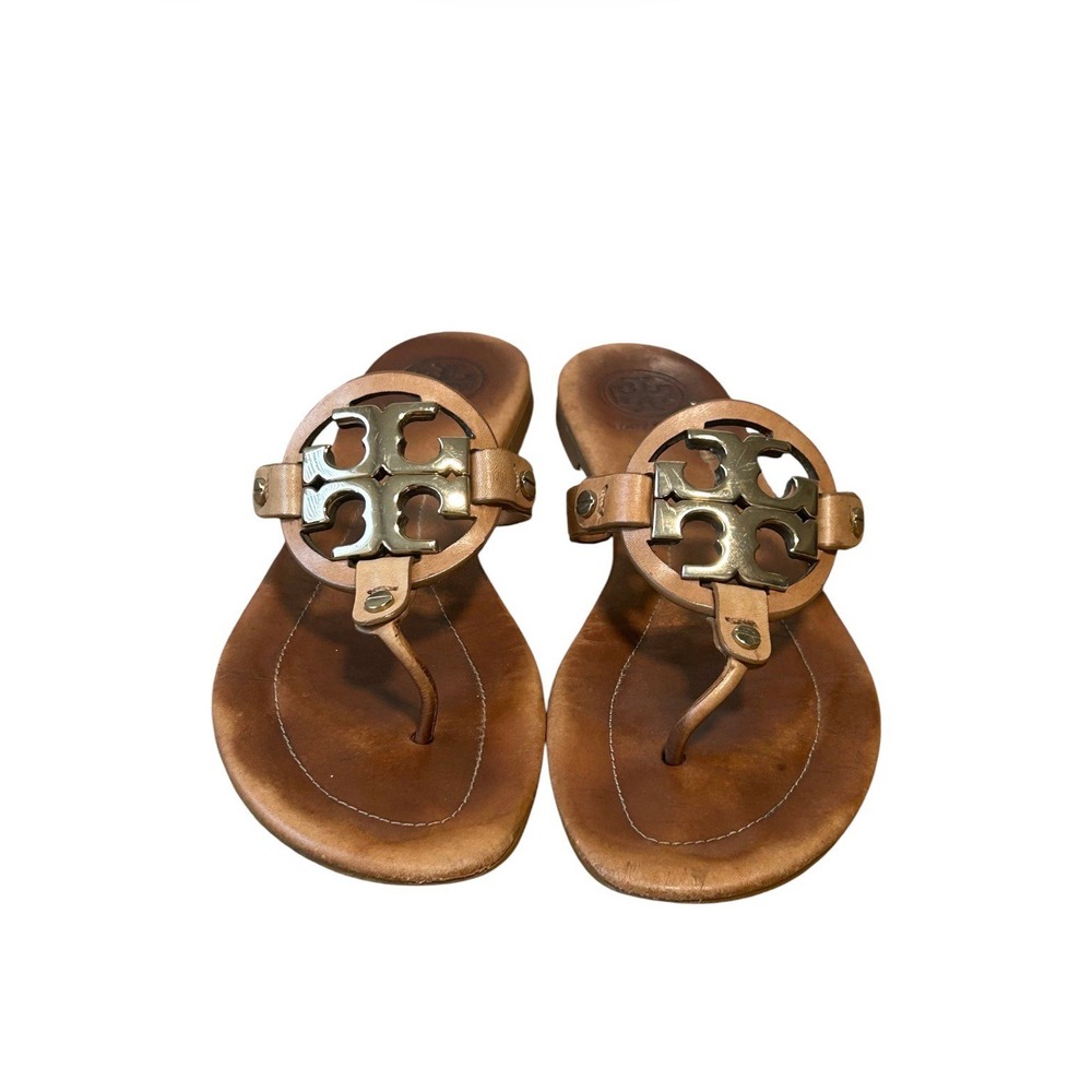 Tory Burch Miller Sandals Size 8M Brown 100% Leather Double T Logo Thong Flats M